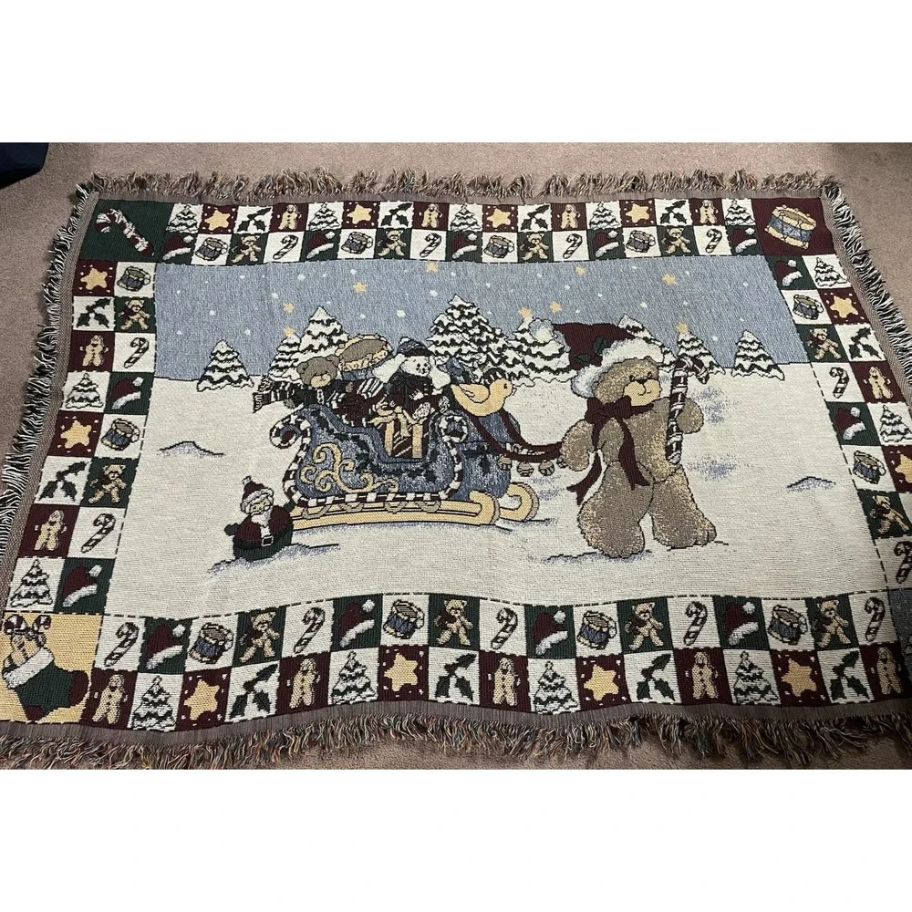 Vintage Teddy Bear Christmas Tapestry Blanket Wall Hanging 52 X 36‎